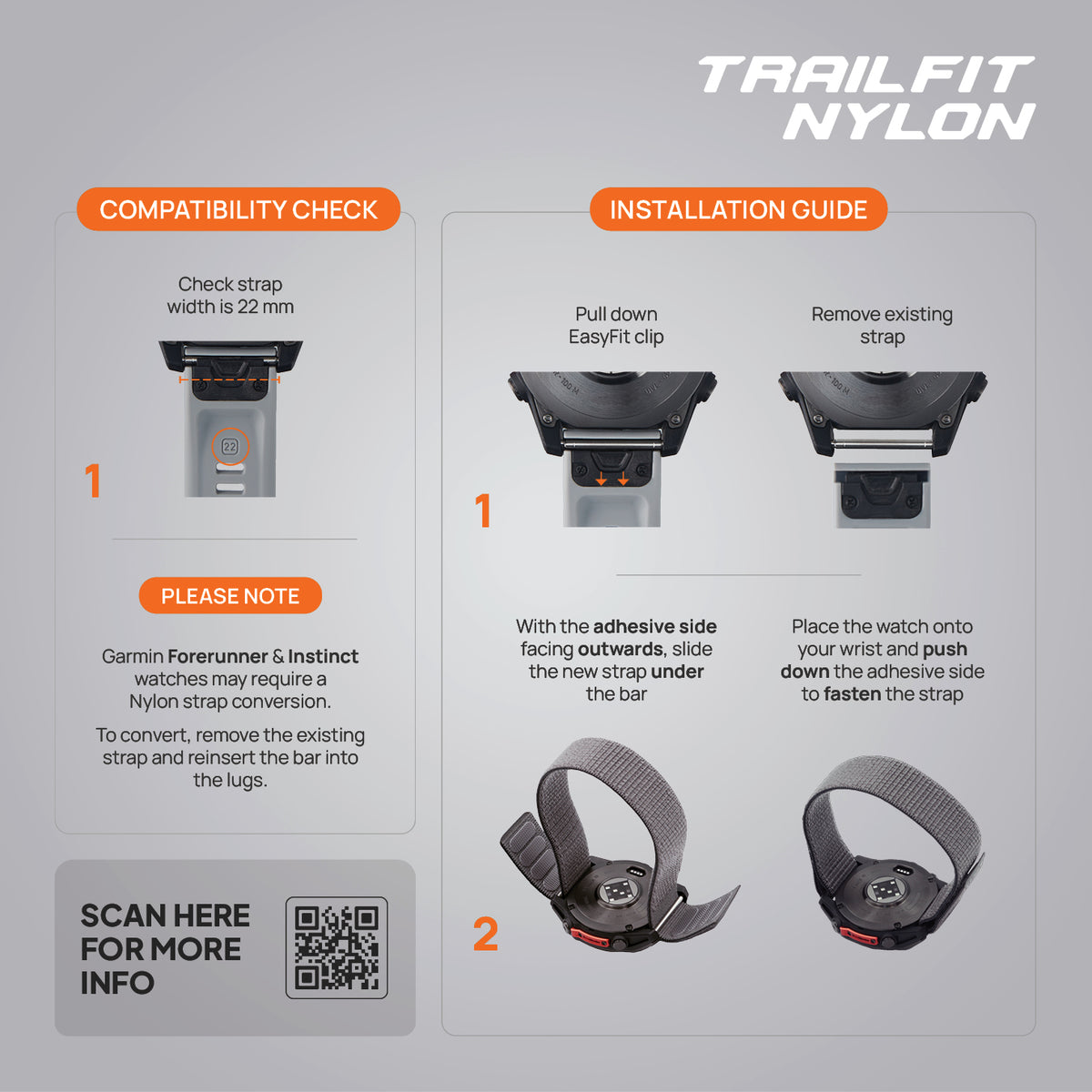 FORZA 22mm TrailFit Nylon Watch Strap for Garmin