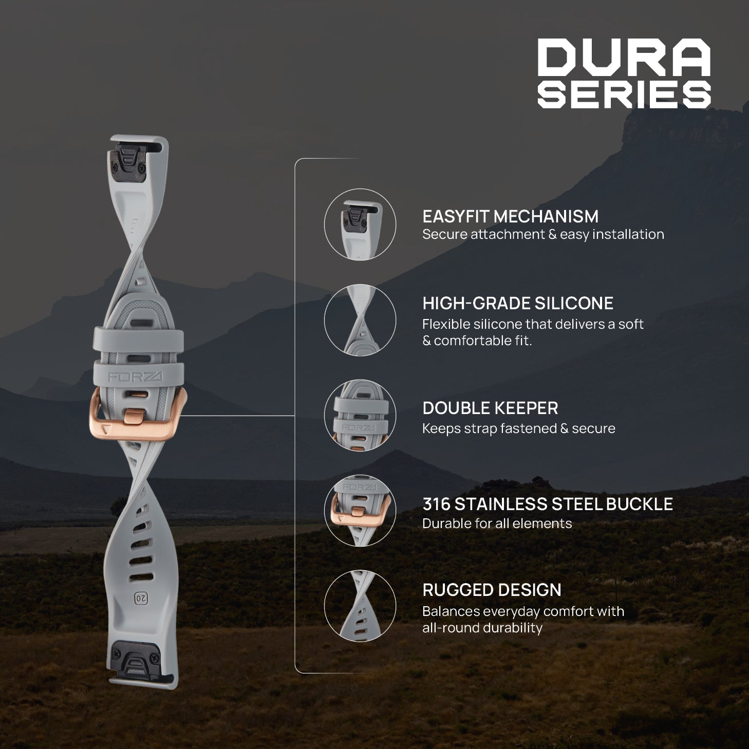 FORZA Elite 20mm EasyFit Watch Strap for Garmin – Rose Gold Buckle