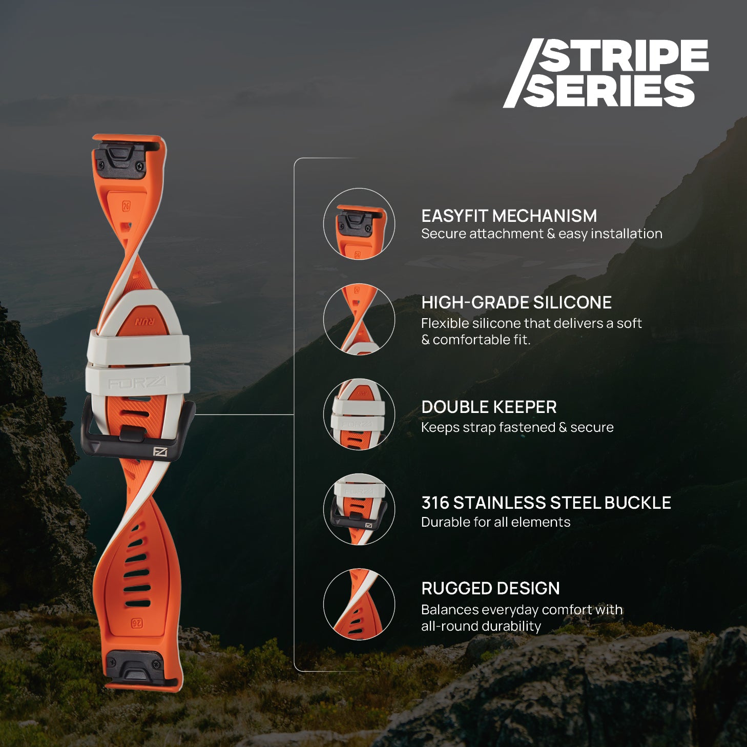 FORZA Elite 26mm EasyFit Stripe Series Watch Strap for Garmin