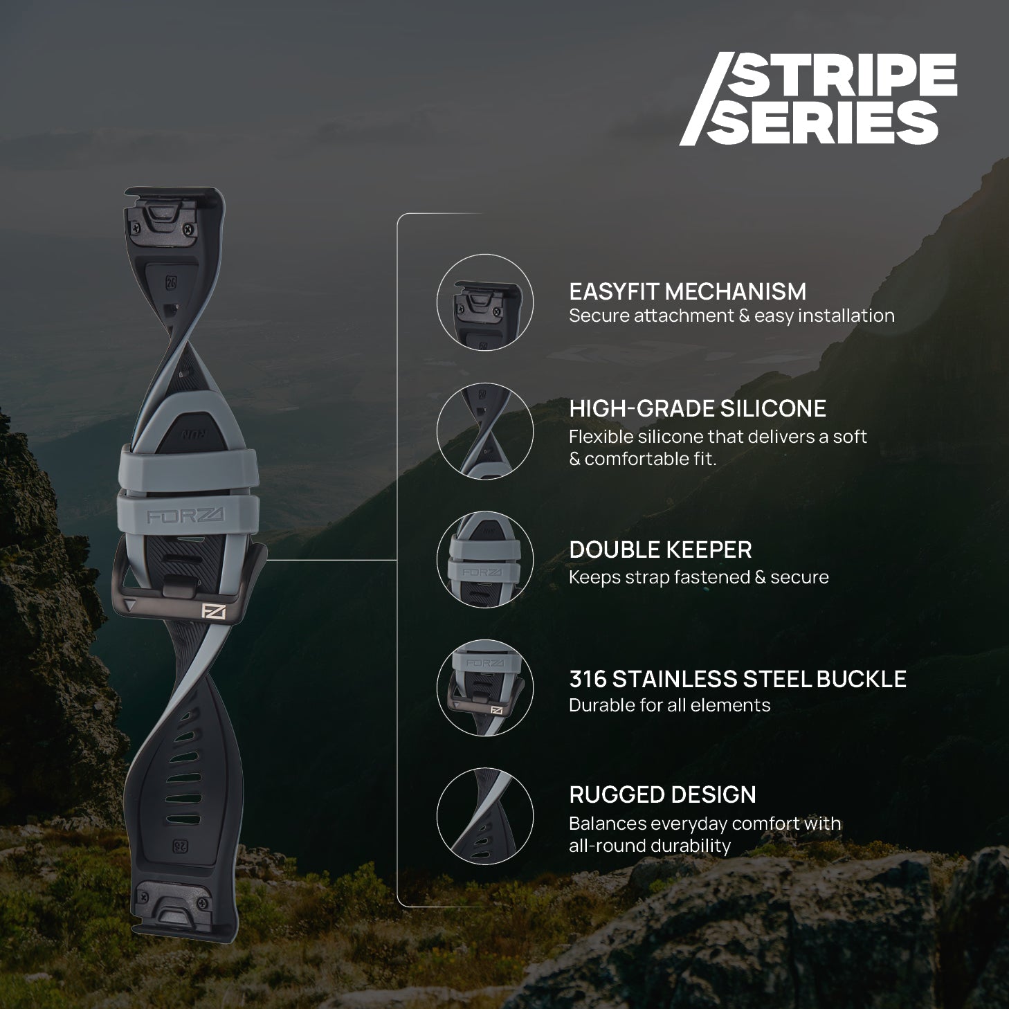 FORZA Elite 26mm EasyFit Stripe Series Watch Strap for Garmin