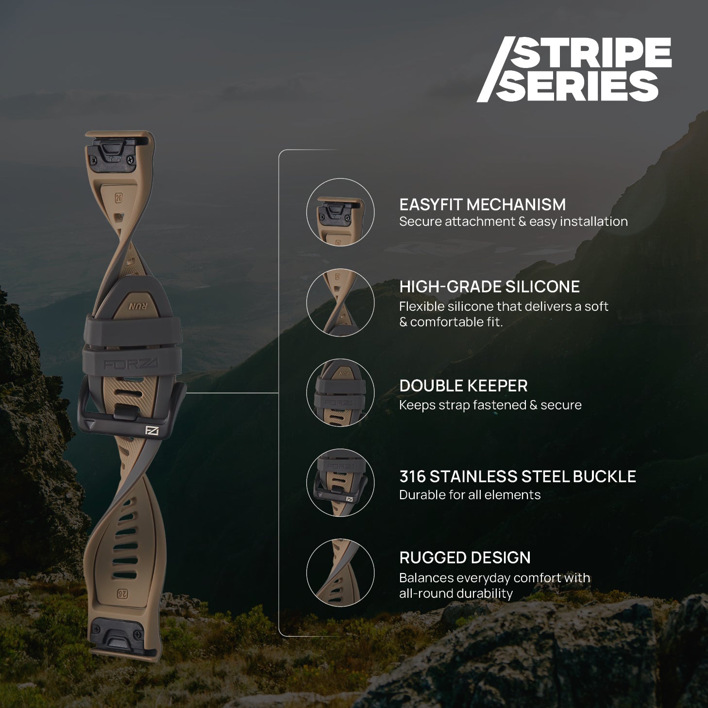 FORZA Elite 26mm EasyFit Stripe Series Watch Strap for Garmin