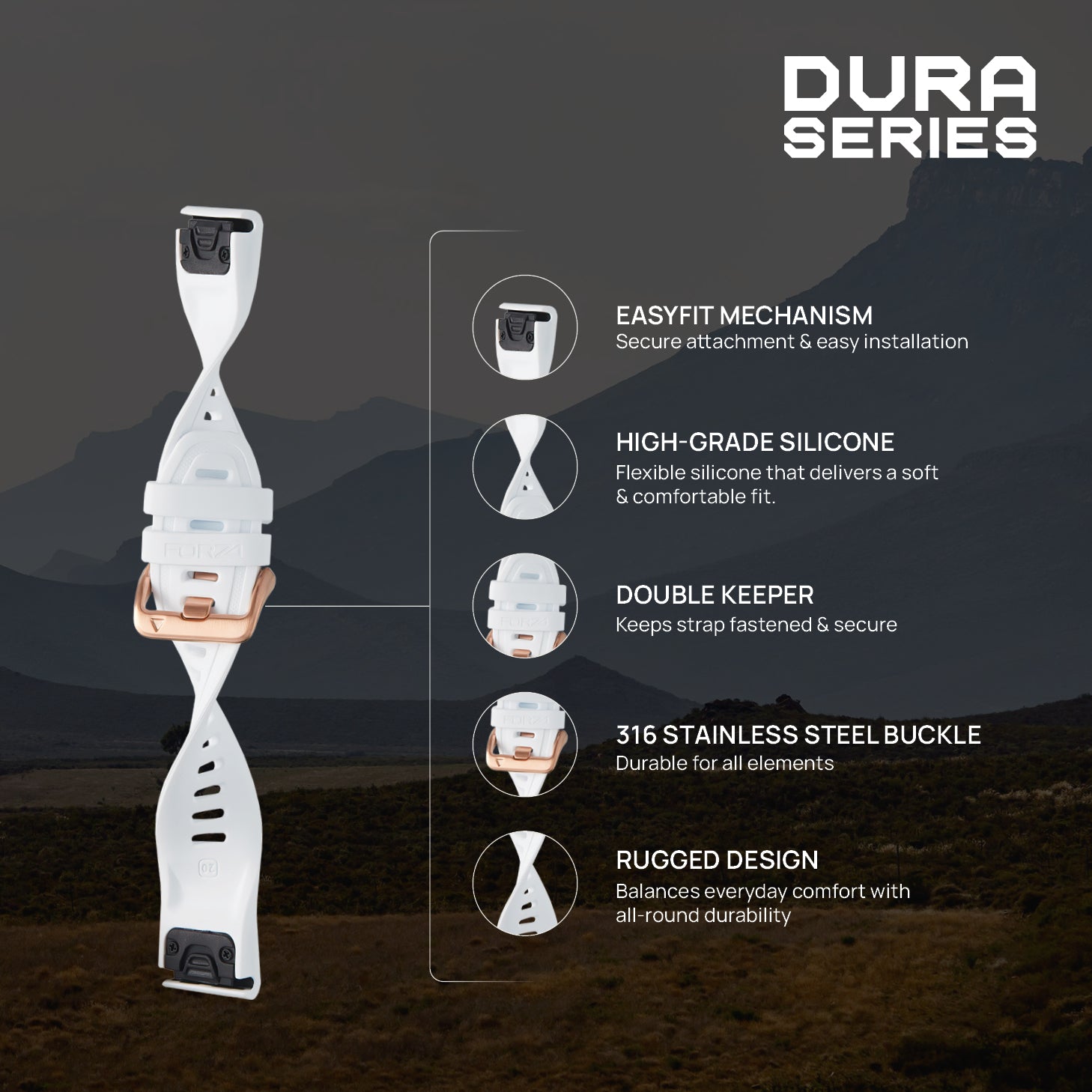 FORZA Elite 20mm EasyFit Watch Strap for Garmin – Rose Gold Buckle