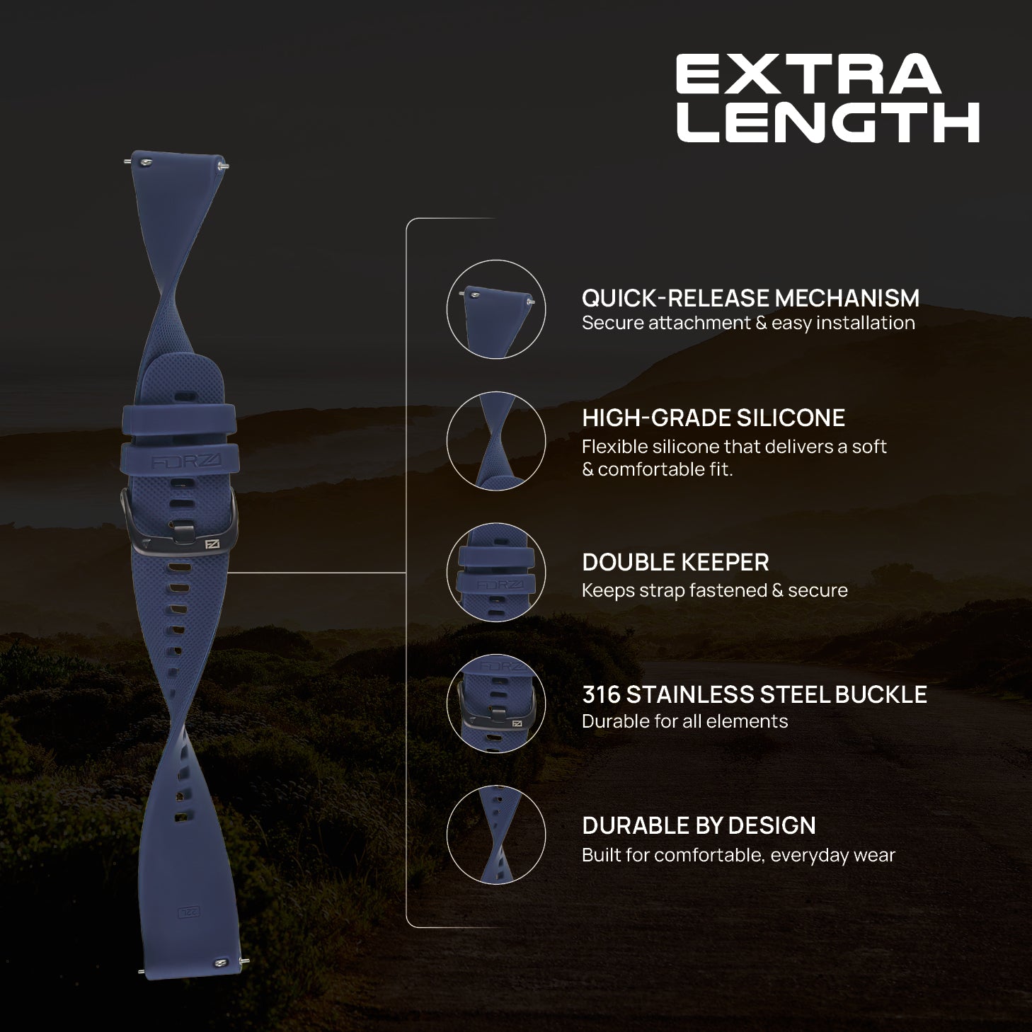 FORZA Elite 22mm Quick Release Classic Extra-Length Watch Strap