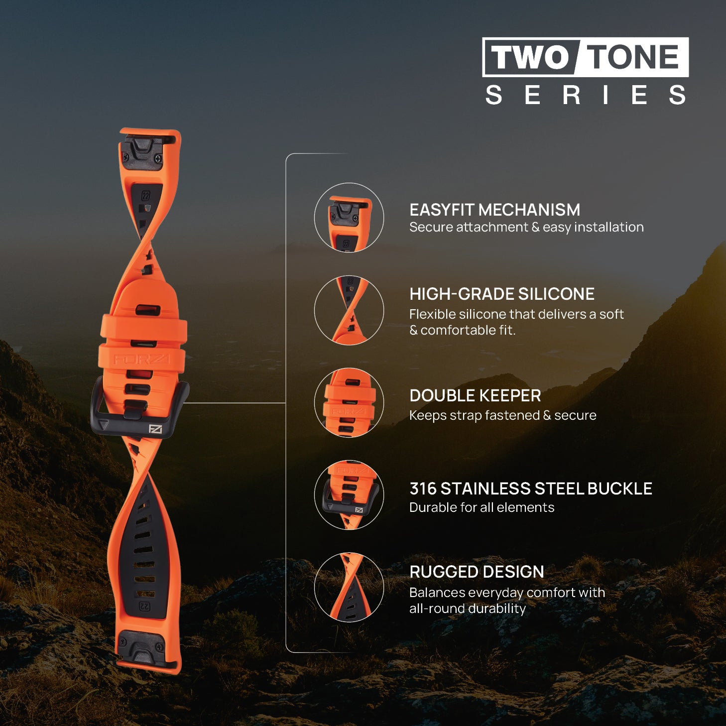 FORZA Elite 22mm EasyFit Two-Tone Watch Strap for Garmin