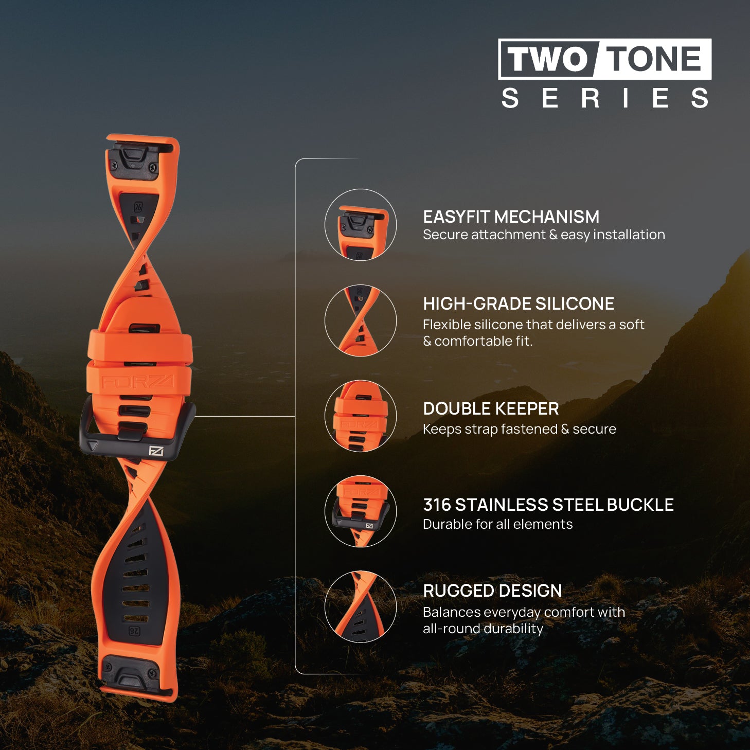 FORZA Elite 26mm EasyFit Two-Tone Watch Strap for Garmin