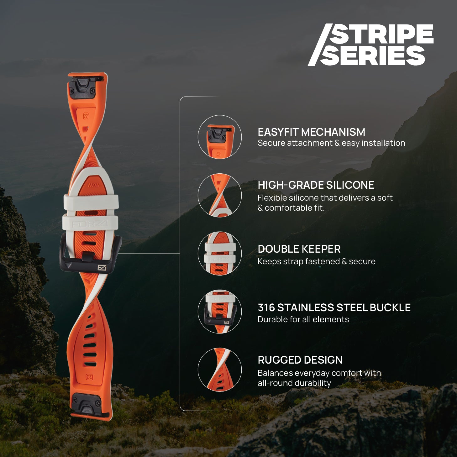 FORZA Elite 22mm EasyFit Stripe Series Watch Strap for Garmin