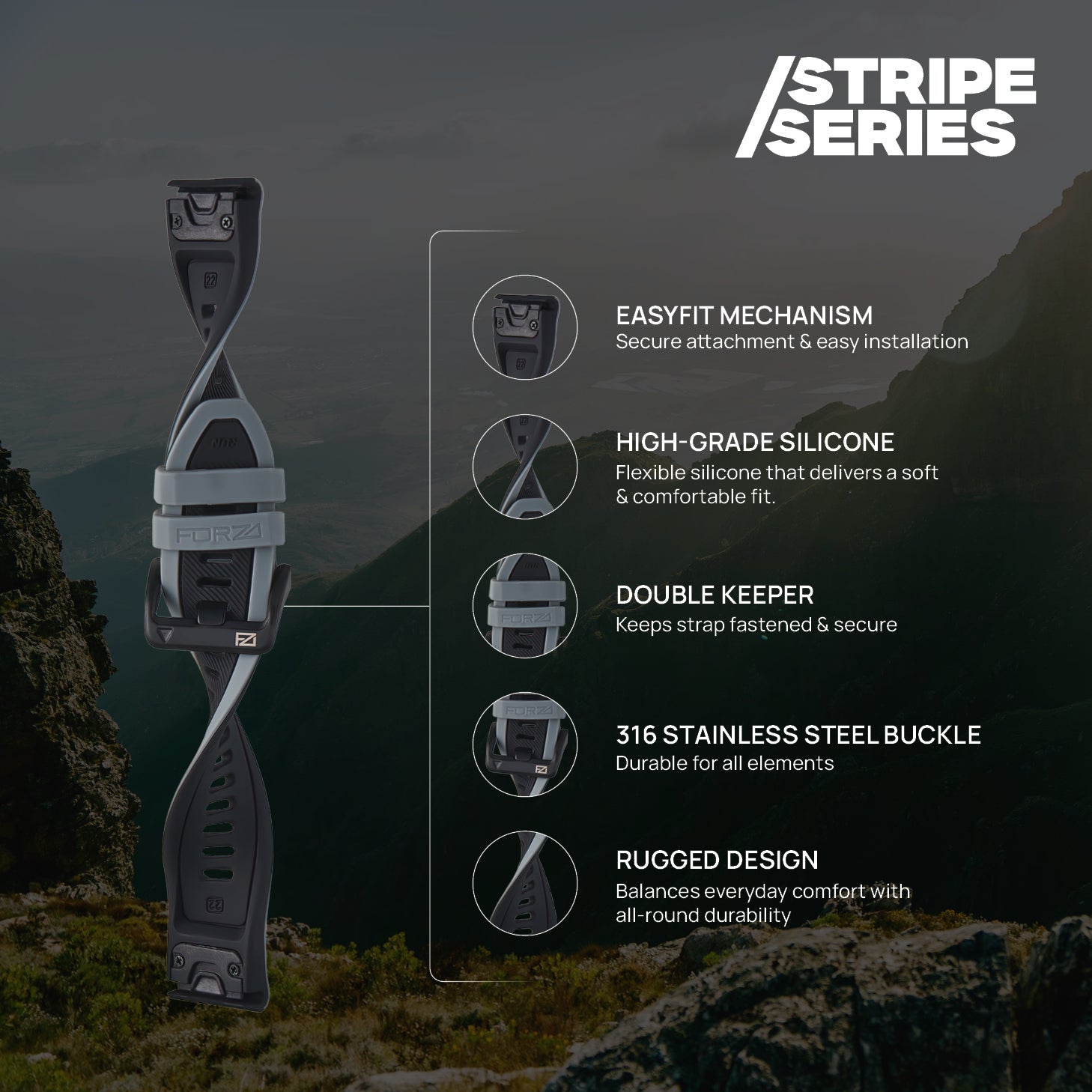 FORZA Elite 22mm EasyFit Stripe Series Watch Strap for Garmin