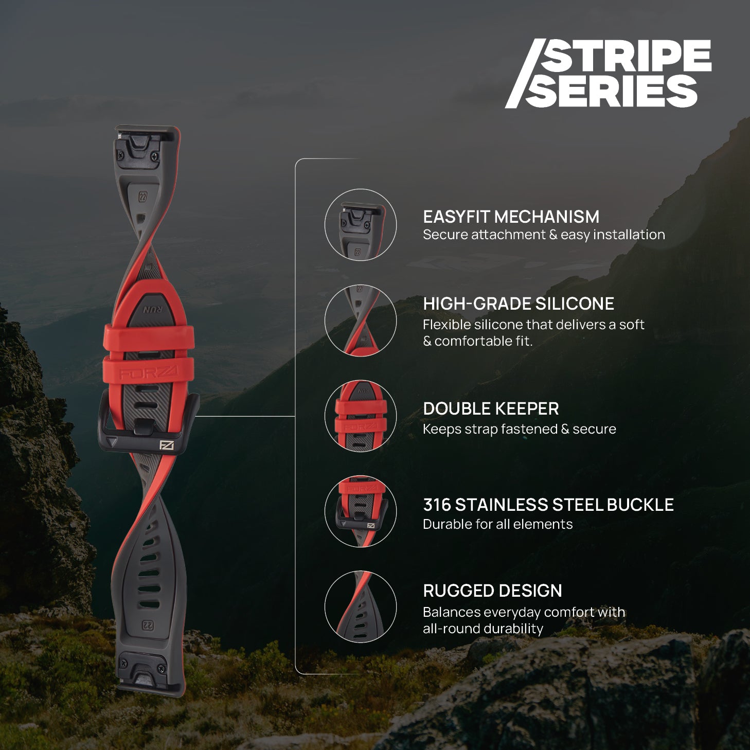 FORZA Elite 22mm EasyFit Stripe Series Watch Strap for Garmin