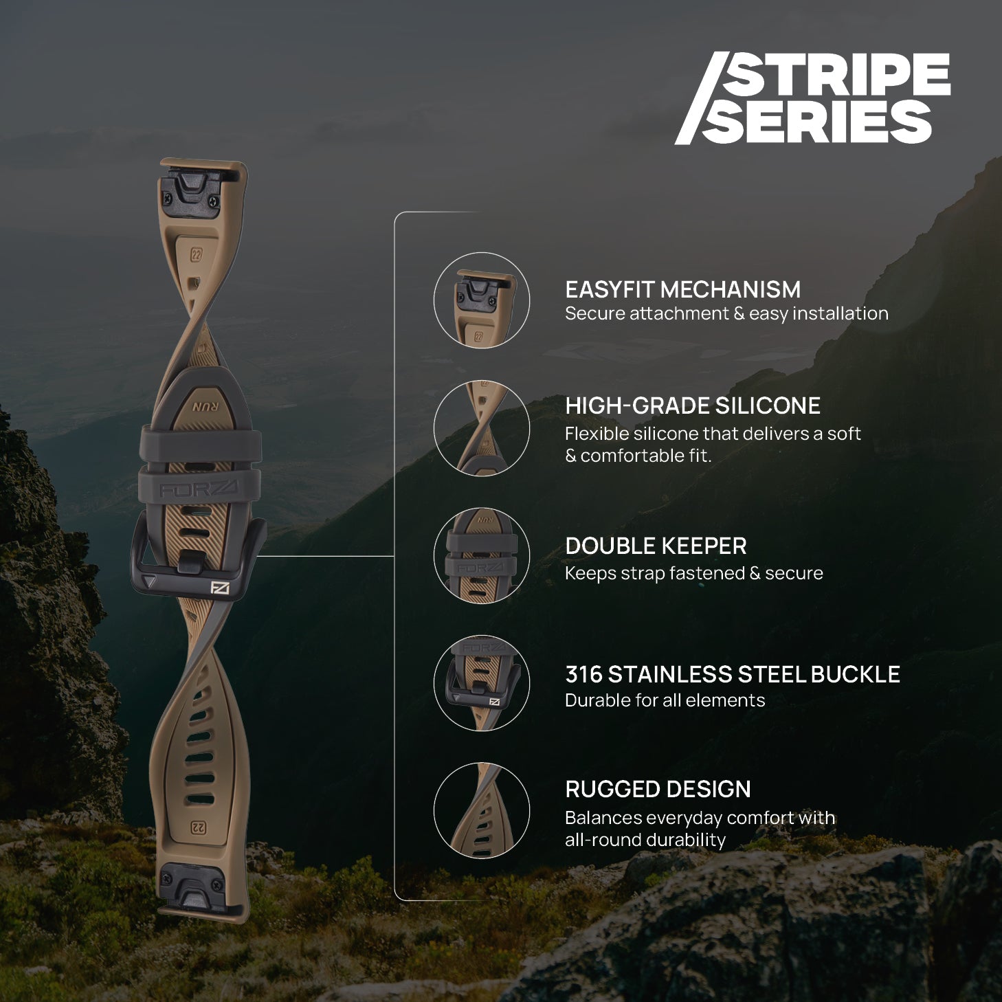 FORZA Elite 22mm EasyFit Stripe Series Watch Strap for Garmin