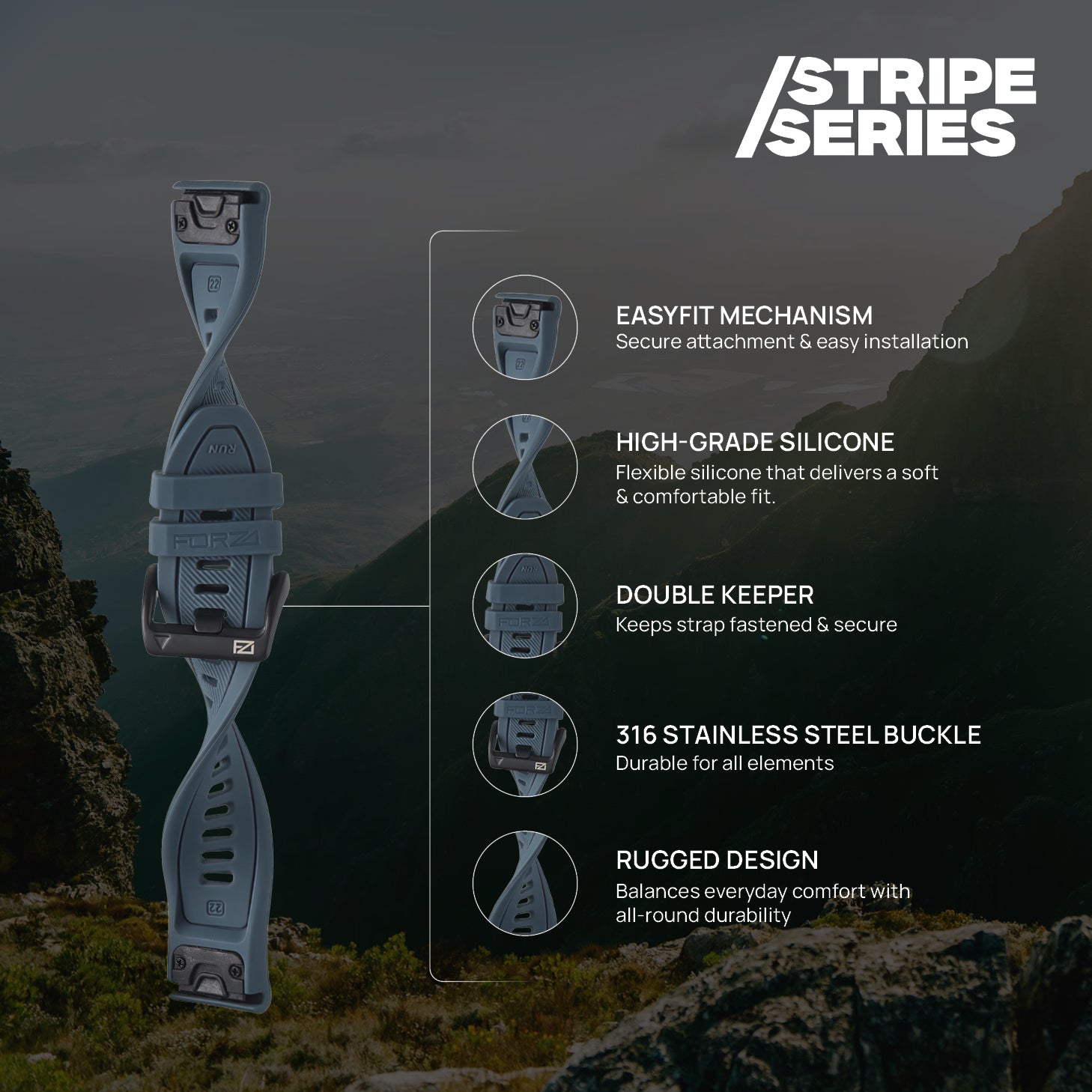 FORZA Elite 22mm EasyFit Stripe Series Watch Strap for Garmin