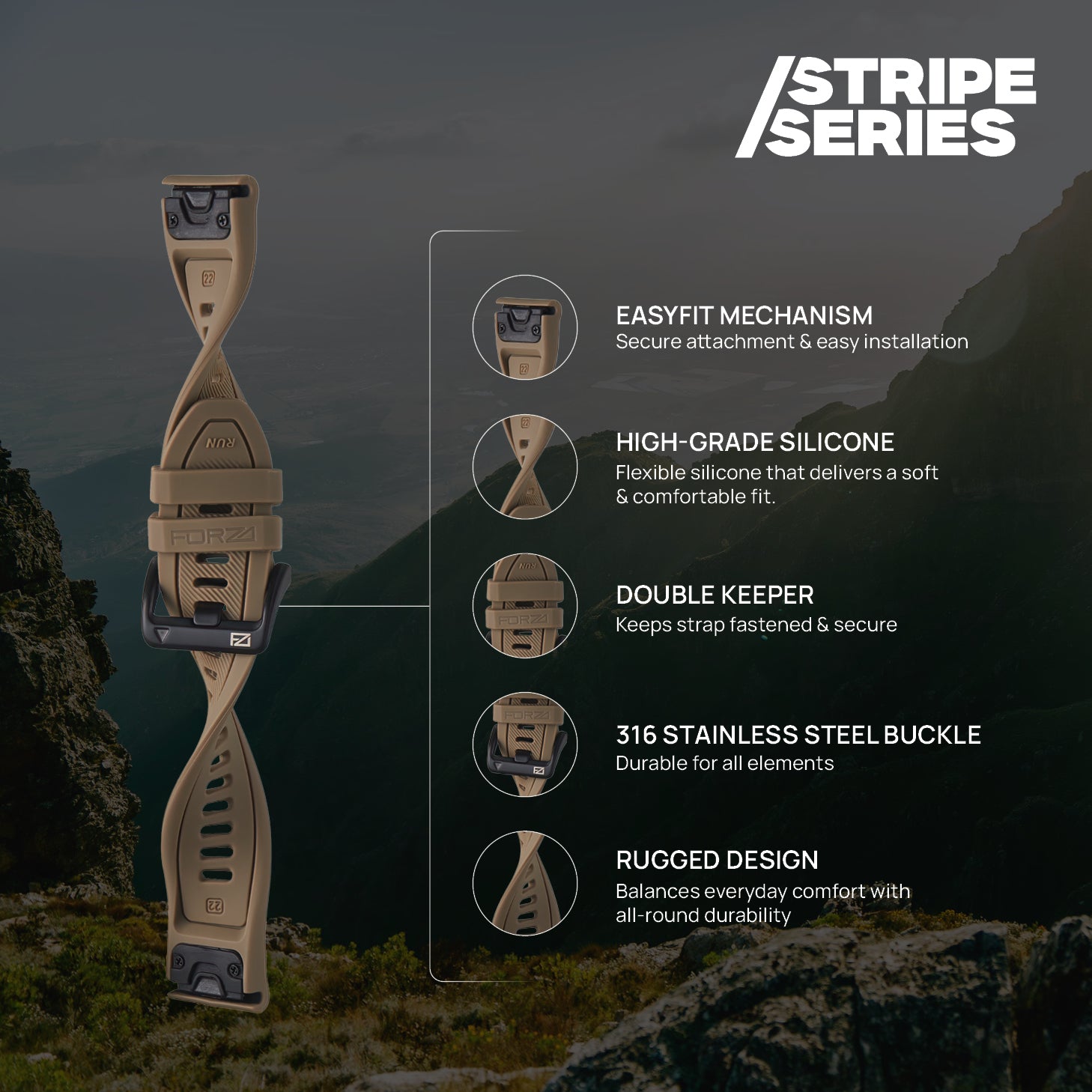 FORZA Elite 22mm EasyFit Stripe Series Watch Strap for Garmin