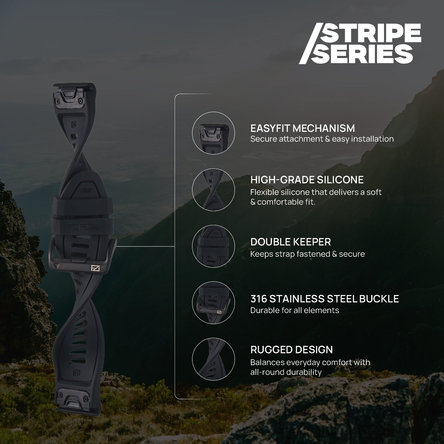 FORZA Elite 26mm EasyFit Stripe Series Watch Strap for Garmin