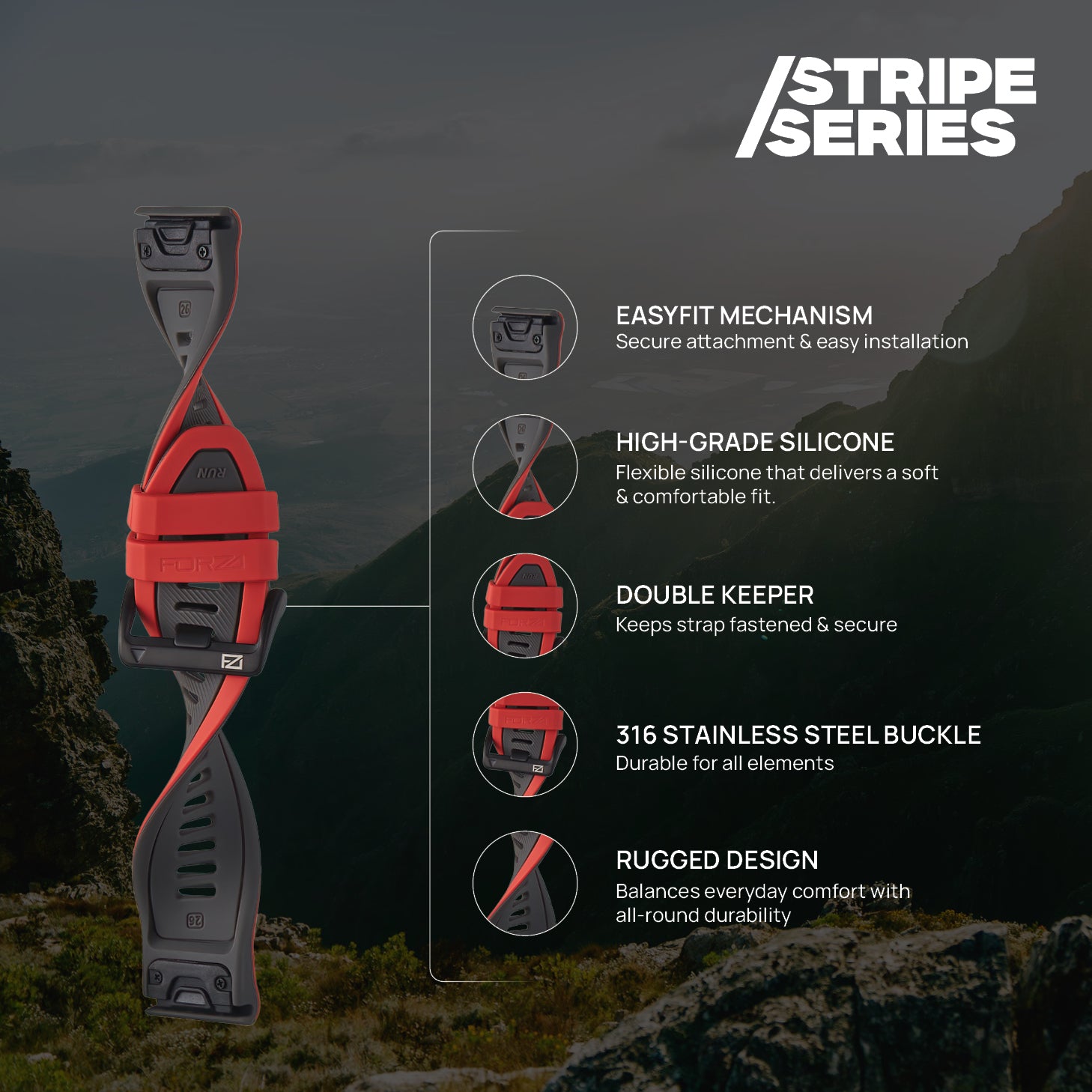 FORZA Elite 26mm EasyFit Stripe Series Watch Strap for Garmin