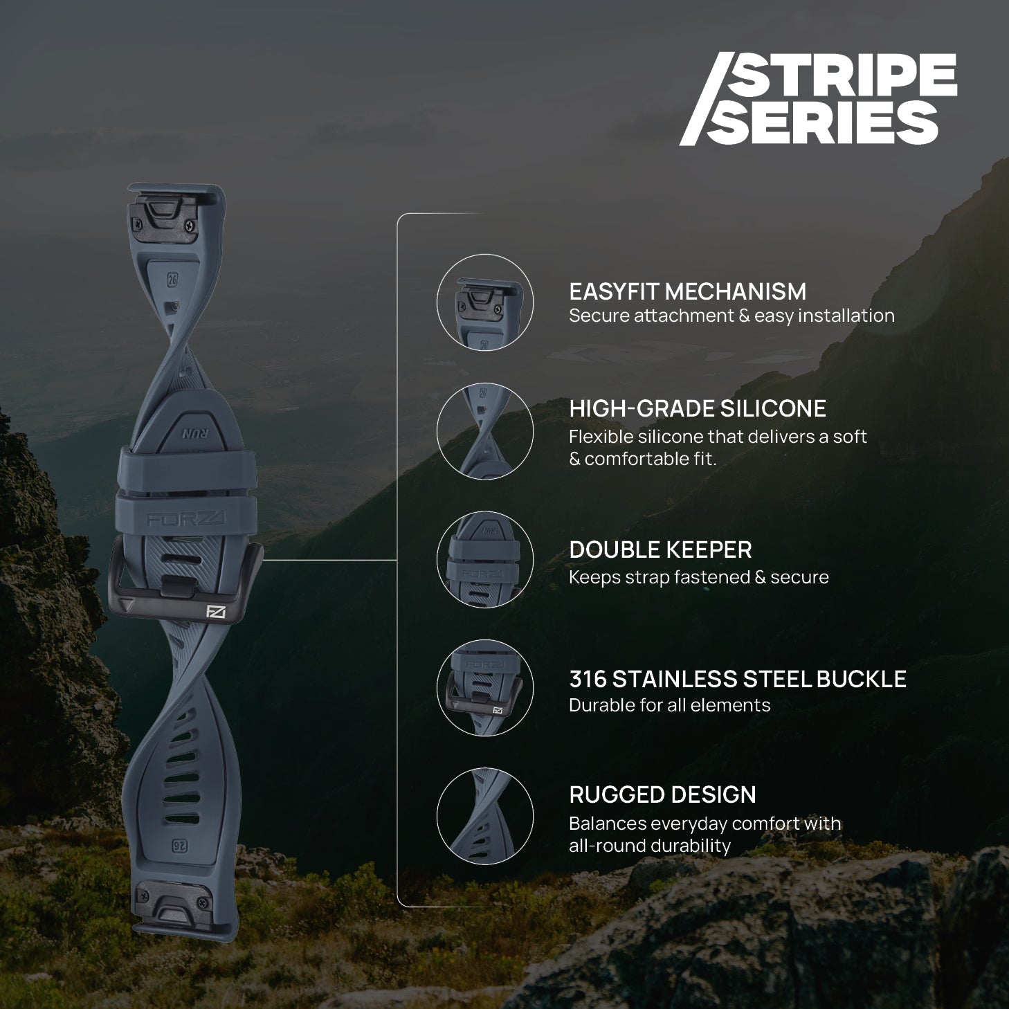 FORZA Elite 26mm EasyFit Stripe Series Watch Strap for Garmin