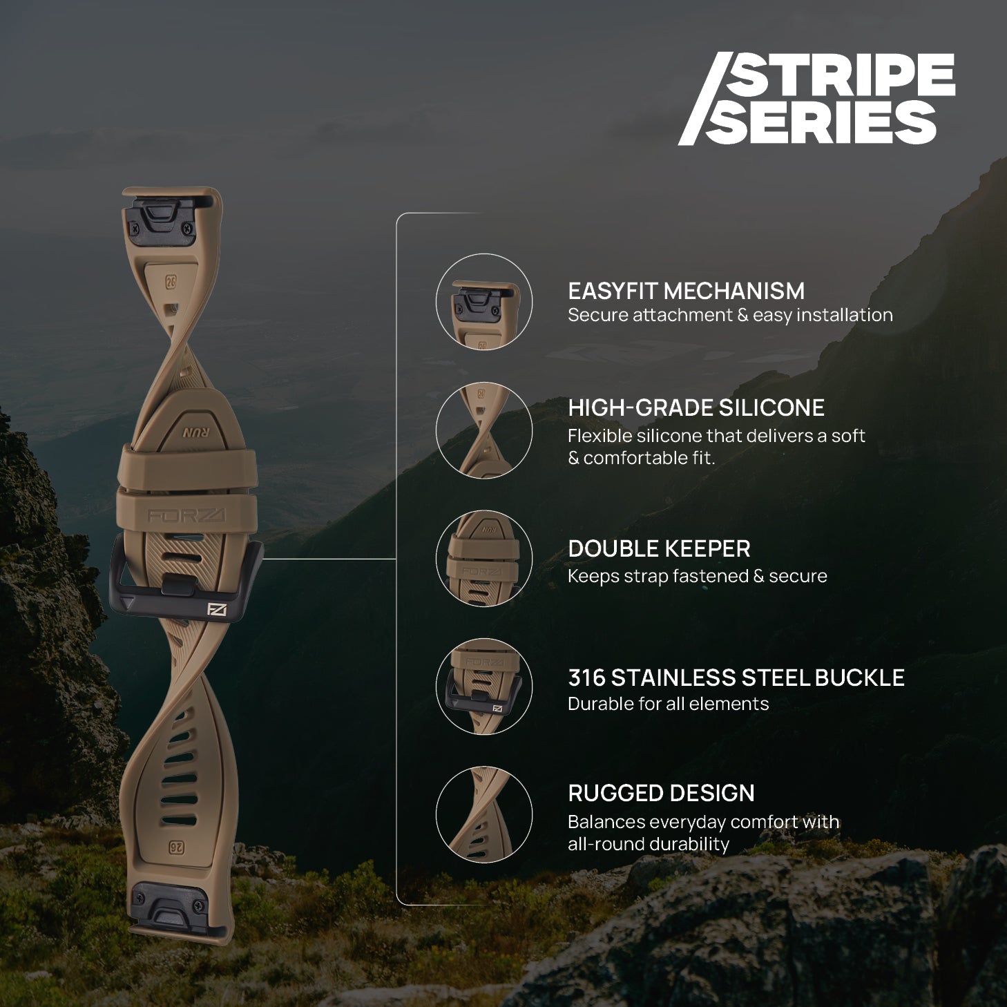 FORZA Elite 26mm EasyFit Stripe Series Watch Strap for Garmin